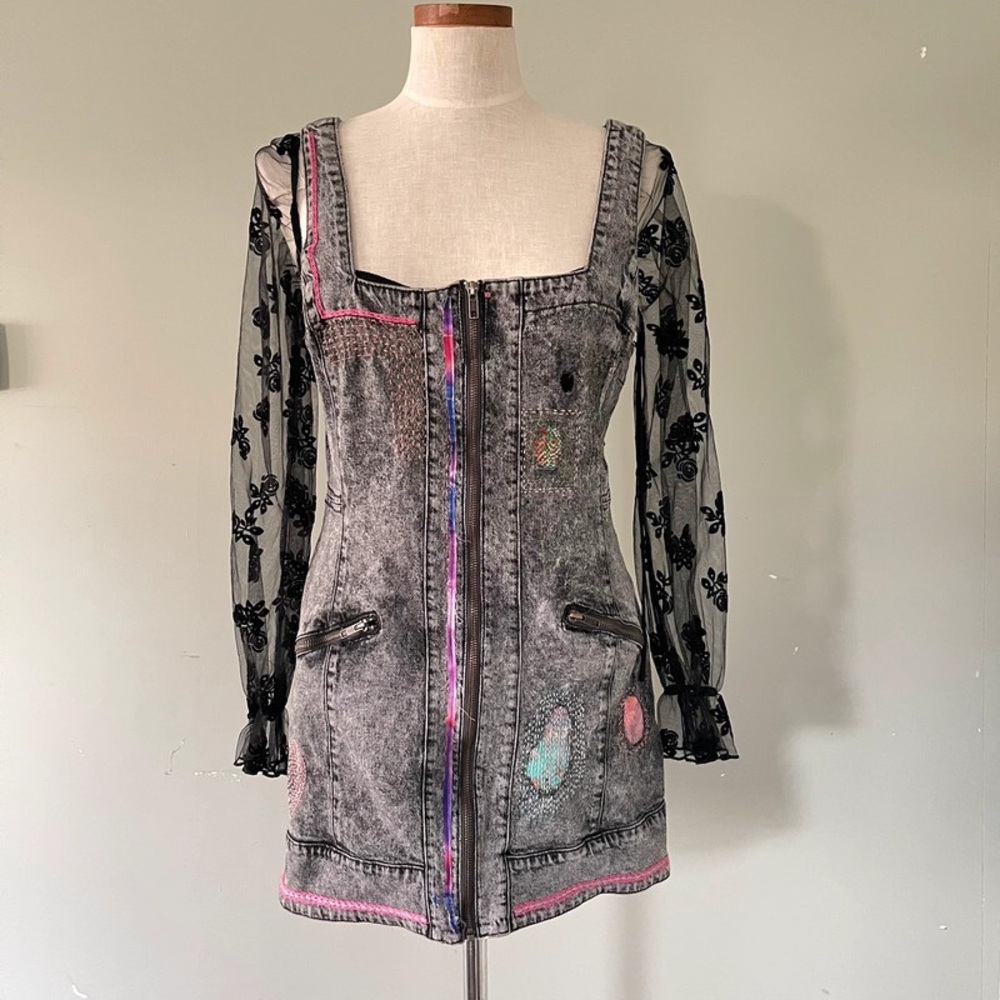 Stylish Gray Denim Dress with Black Sheer Sleeves